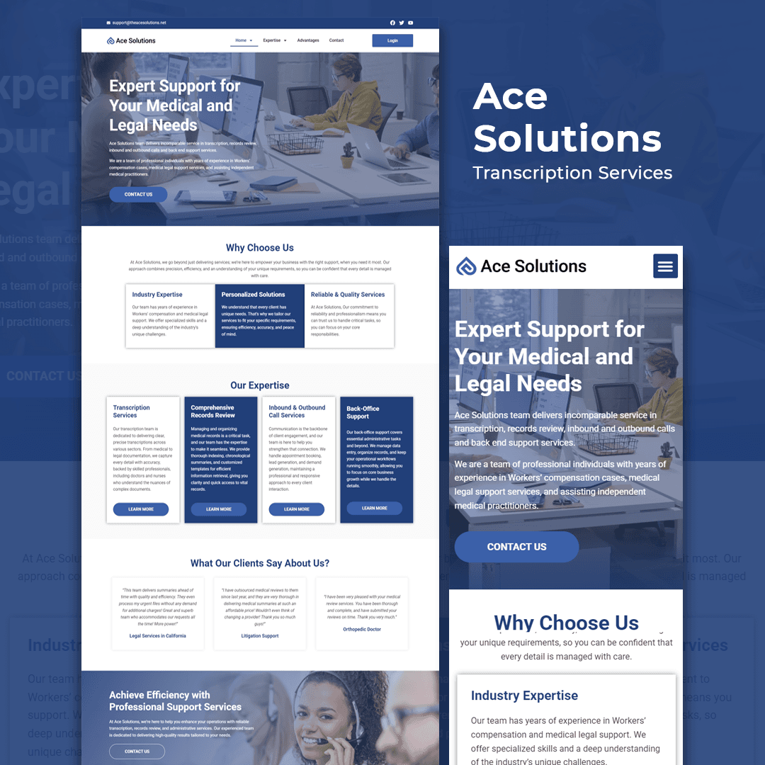 Ace Solutions — Transcription Services website design